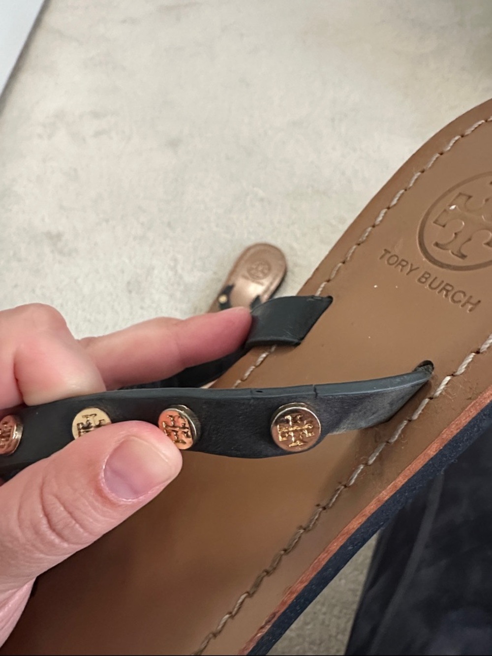 Tory Burch Black Studded Thong Sandals with Tan Footbed - Picture 5 of 5